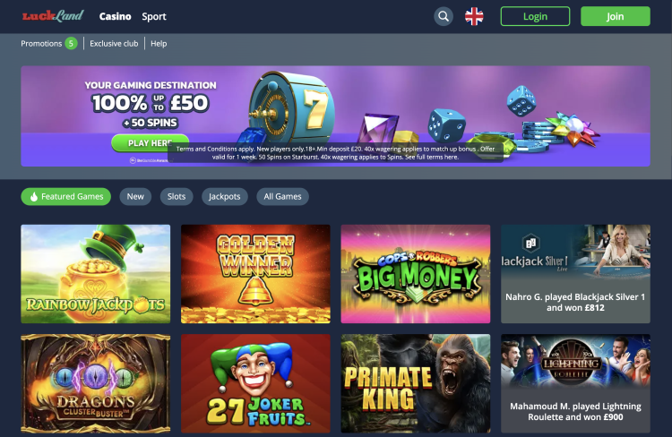 image of luckland casino website