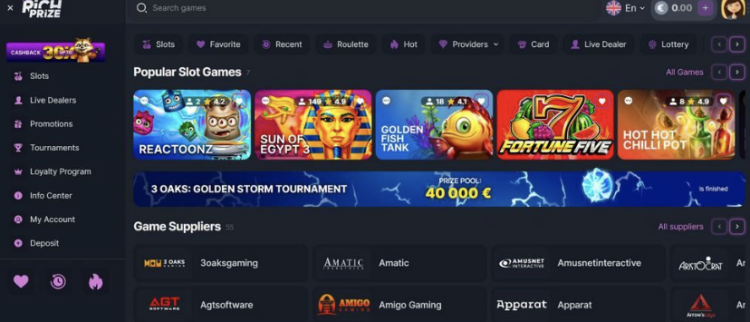 image of rich prize casino website